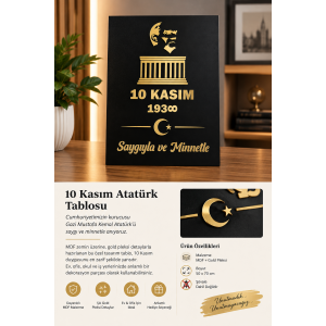 10 Kasım Atatürk Anı Tablosu – Siyah MDF Üzeri Gold Pleksi | 50×70 cm
